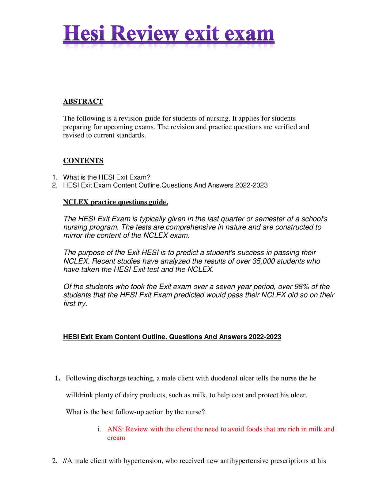 Preview image for HESI Review EXIT EXAM 2